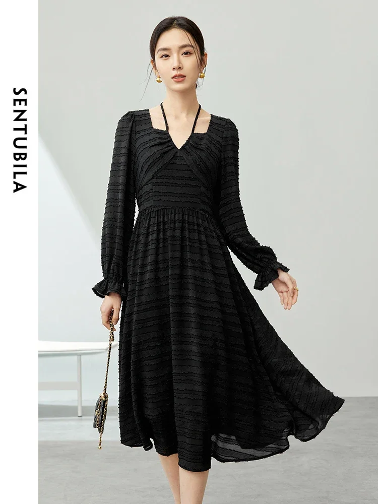 

SENTULABI Striped Black Dresses Women 2025 Spring Autumn Elegnat Long Sleeve Tied V-neck Flowy Dress Woman's Clothing 141L53381
