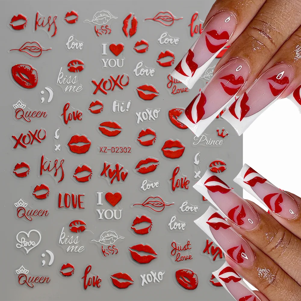 1Pcs 5D Red Lips/Love Nail Art Stickers Sexy Valentine Heart/Rose/Ribbon Self Adhesive Nail Decals for Wedding/Perty Nail Decor