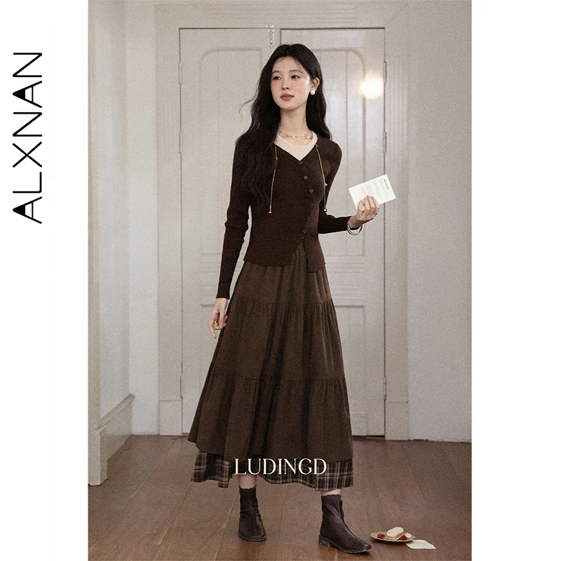ALXNAN براون منقوشة المرقعة تنورة الخريف طويلة ألف خط المرأة كعكة التنانير موضة خمر مرونة الخصر القوس شق الملابس L57227