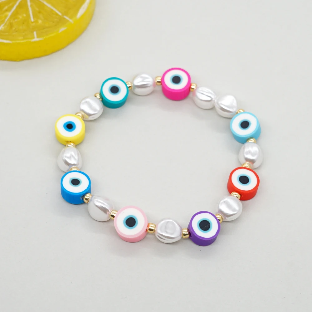 Go2BoHo Imitation Pearl Bracelet Fashion Jewelry Multicolor Ombre Polymer Clay Heart Liuli Evil Eye Beaded Bracelets for Women