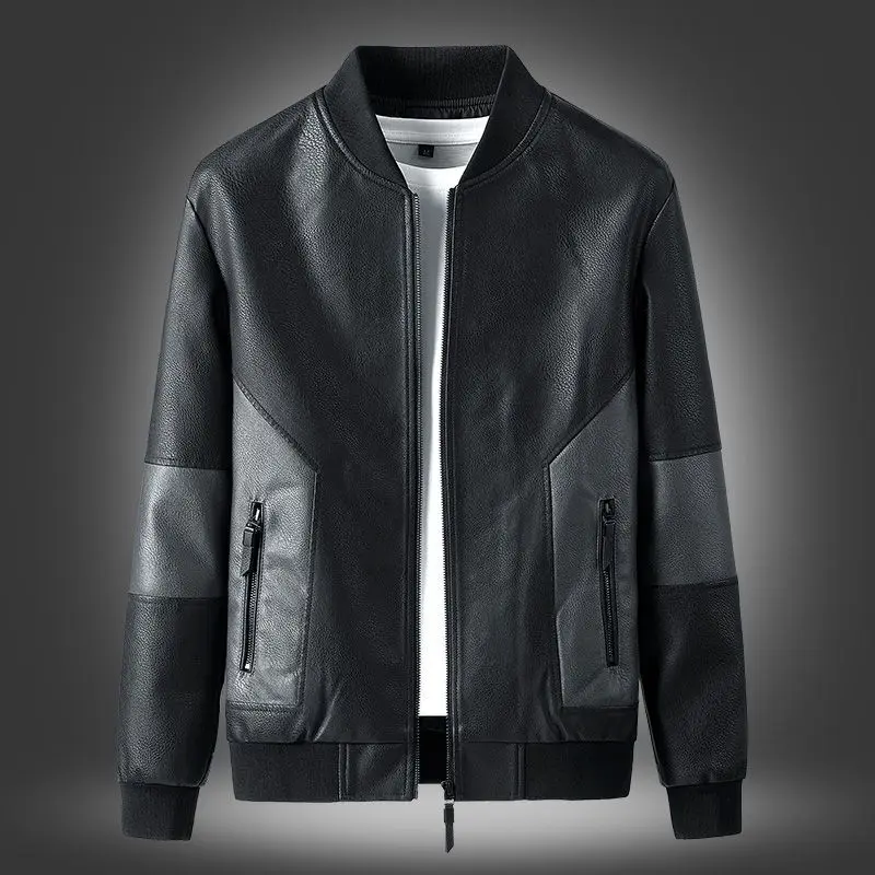 

M-4xl Mens Faux Pu Leather Jacket Spring Autumn Male Coat Stand Collar Zipper Patchwork Casual Soft Outerwear Clothes Hy79