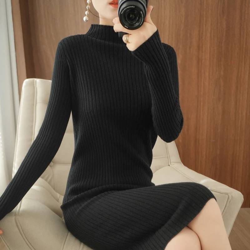 Autumn and Winter New Cashmere Slim Half High Neck Dress Women\'s Medium Long Knitted Cashmere Dress Skirt