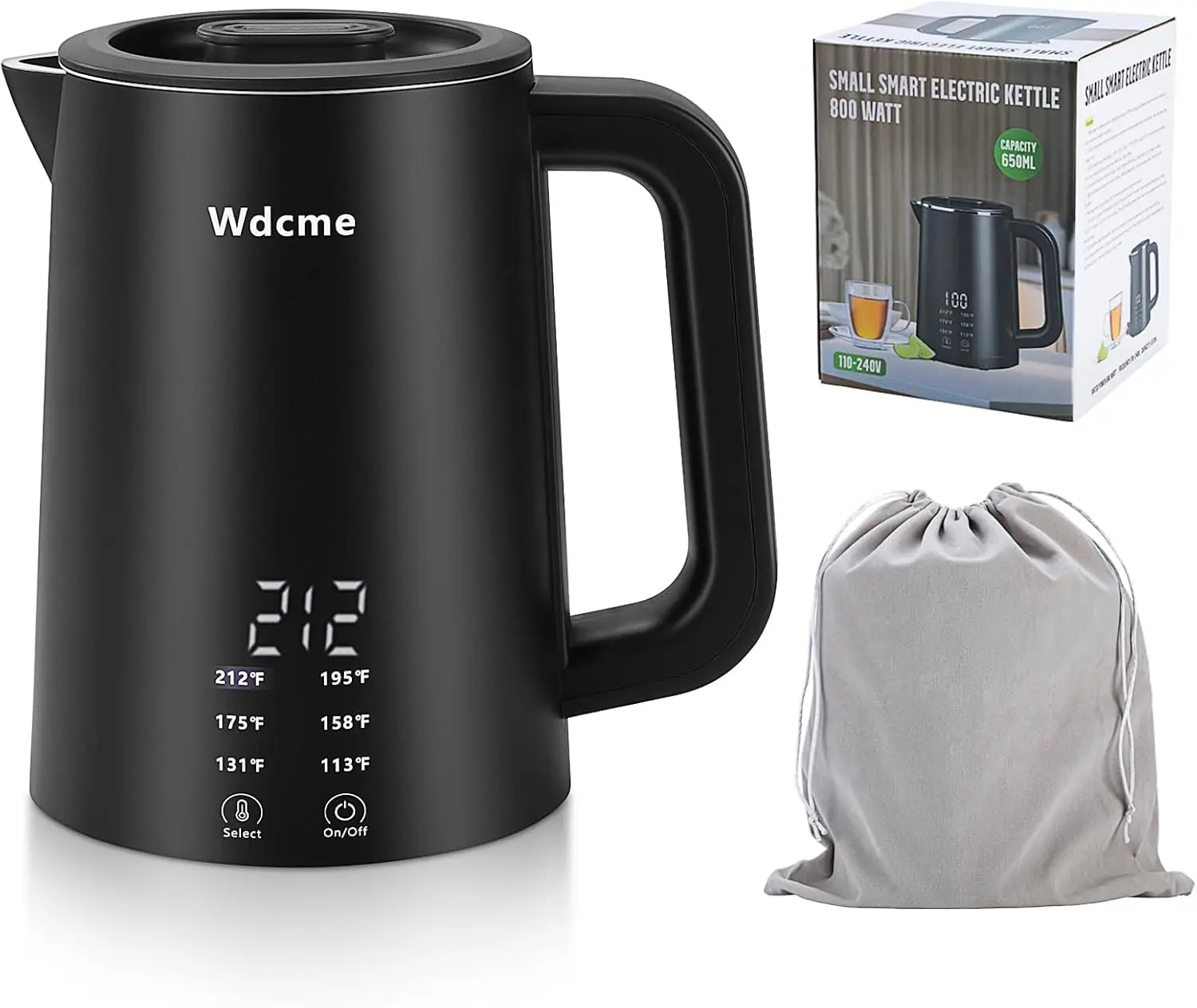 

650ml Electric Travel Kettle 800W, 6 Temp Control, Dual Voltage, 12H Warm, 304 Stainless Steel (Black)