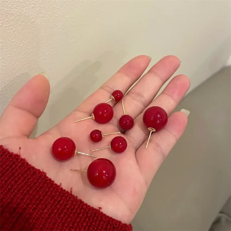 Vintage Red Pearl Stud Round Earrings for Women Korean Sweet Imitation Pearl Temperament Earings Wedding Party Jewelry Gifts