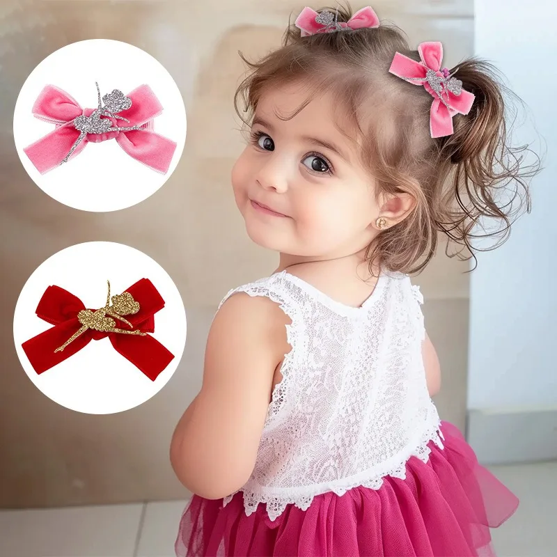 

2PCS Ballet Hair Clips Girls Adorable Velvet Bow Design Trendy Accessory Headwear Stylish For Kids Cute Daily Dance Outfits Look