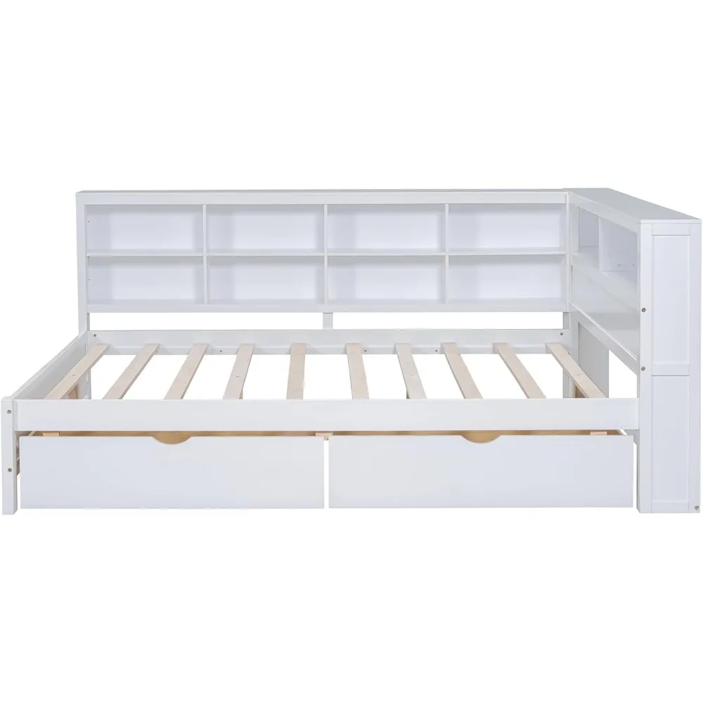 Full Size Daybed with Bookcase and Drawers, L-Shape Daybed with USB Ports and Storage Headboard, Wood Full Corner Bed Frame with