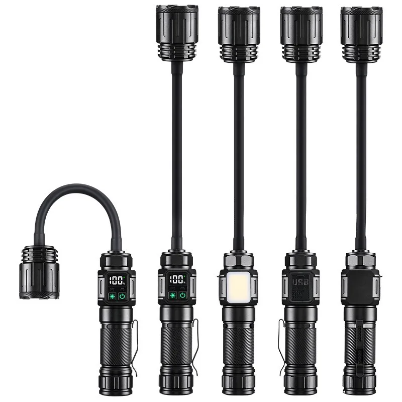 New Magnetic Flashlight Bendable Multi-Angle Hose USB Charging Digital Display Zoom LED Light Outdoor Inspection Work Light