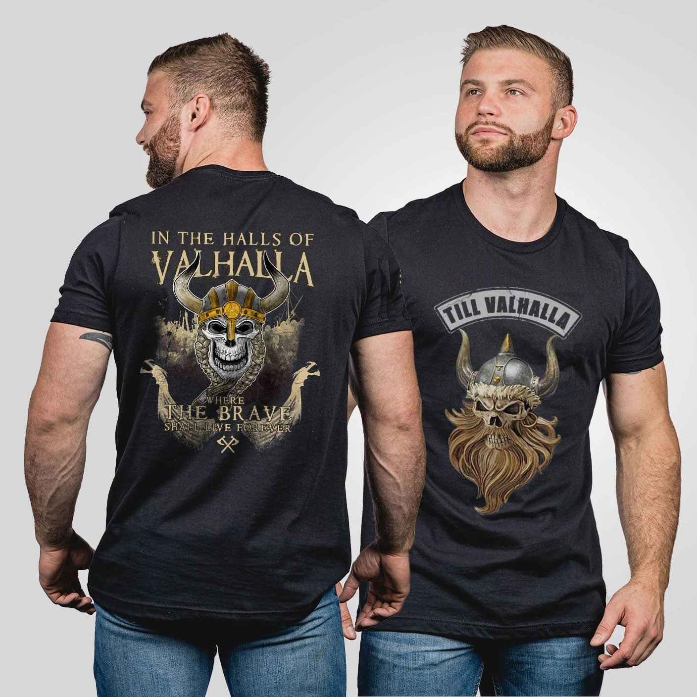 Till Valhalla Nordic Vi king Beard Warrior Skull T-Shirt New 100% Cotton Short Sleeve O-Neck Casual Mens T-shirt Streetwear