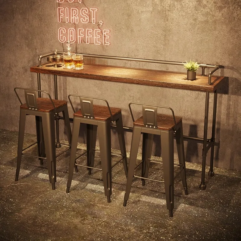 

Industrial Style High Stool Bar Set - Solid Wood Table & Wrought Iron Chairs for Coffee Shops & Milk Tea Bars