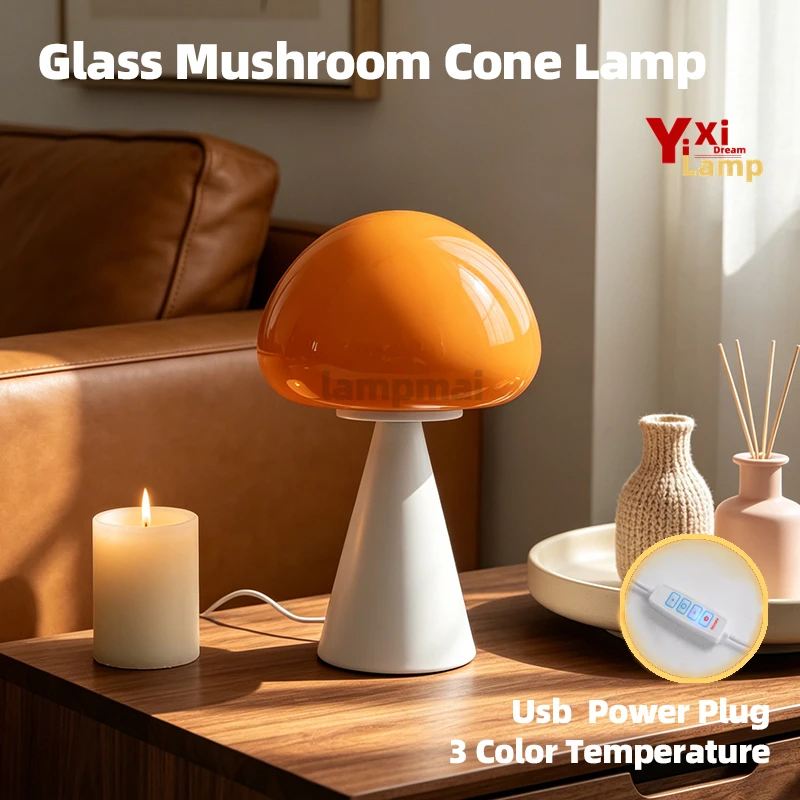 Murano Glass Mushroom Cone Table Lamp, 3 Color Temp Dimmable