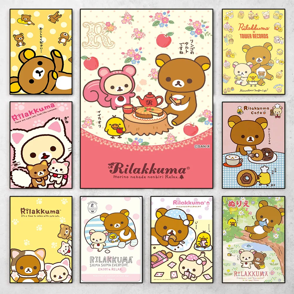 Póster de dibujos animados de r-rilakkuma, arte de pared, impresión en lienzo, Manga, oso, pollito, gato, lectura, guardería, decoración de habitación Kawaii para niños