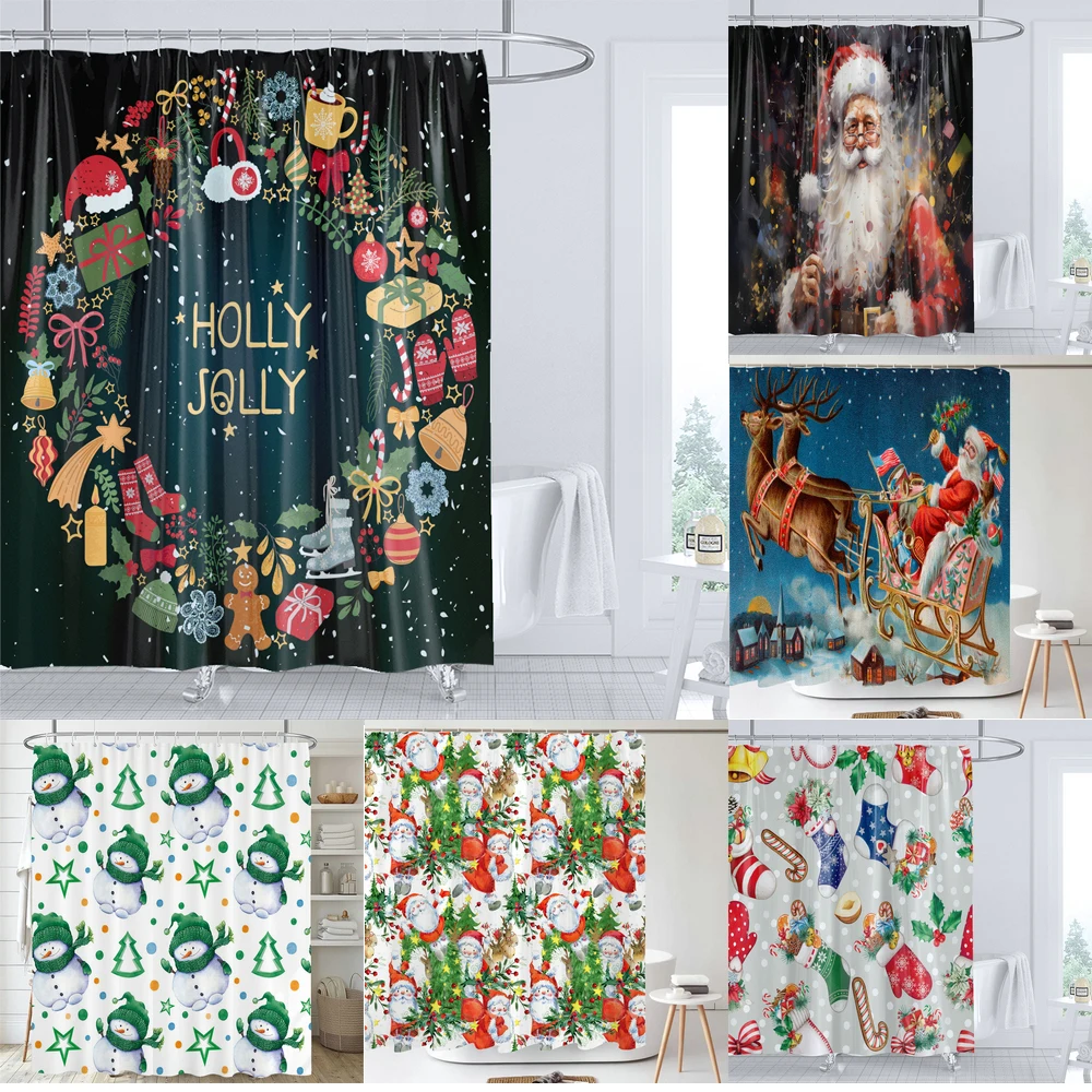 

Winter Christmas Shower Curtain Set Kids Snowman Theme Shower Curtain Decor Xmas Tree Santa Claus Pattern Bathroom Curtains