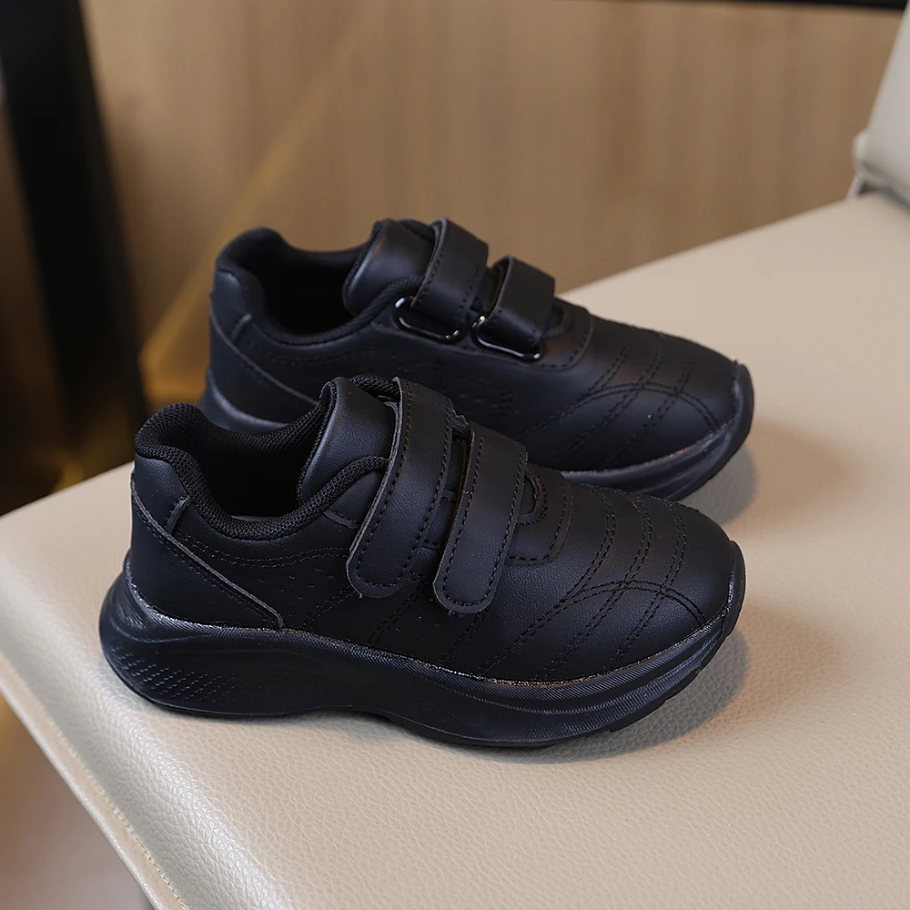 COMFY KIDS Boys Girls Full Black Leather Hook and Loop School Sneakers, Soft Cushioned Non-Slip Waterproof Running Shoes, All Se