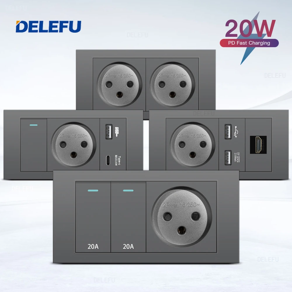 DELEFU Flame Retardant SC31 Panel 145mm Gray Israeli Standard USB Type C Fast Charging Wall Socket Switch TV Tel CAT5 CAT6