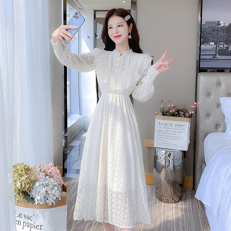 Elegant Sweet Vintage Solid Lace Women Midi Dresses for 2023 New Autumn Fashion Long Sleeved Cute Party Birthday Fairy Dress