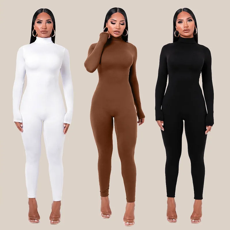 Leisure Line Women SexyFashion Jumpsuit High Collar Long Sleeve Bodysuit Women Warm Ski Casual Sportswear Black Elastic Bodysuit