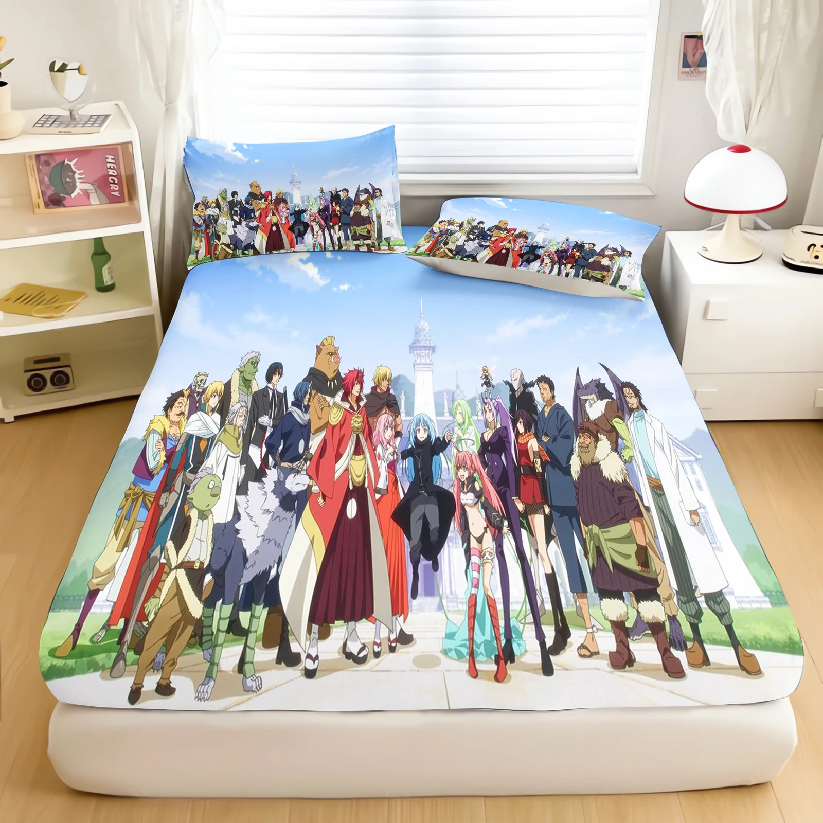 Anime Slime Rimuru Tempest Fitted Sheet Printed Bedding Set Soft Microfiber Bed Linen Twin Full Queen King Size Anime Bedroom