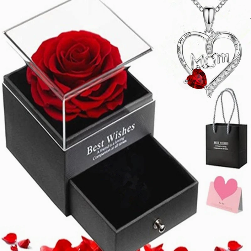 Caja de Regalo de Flores Preservadas de Lujo con Rosa Morada y Collar con Colgante de Corazón con la Frase 'Mamá, Te Quiero' - Elegante Regalo para el Día de la Madre o Aniversario