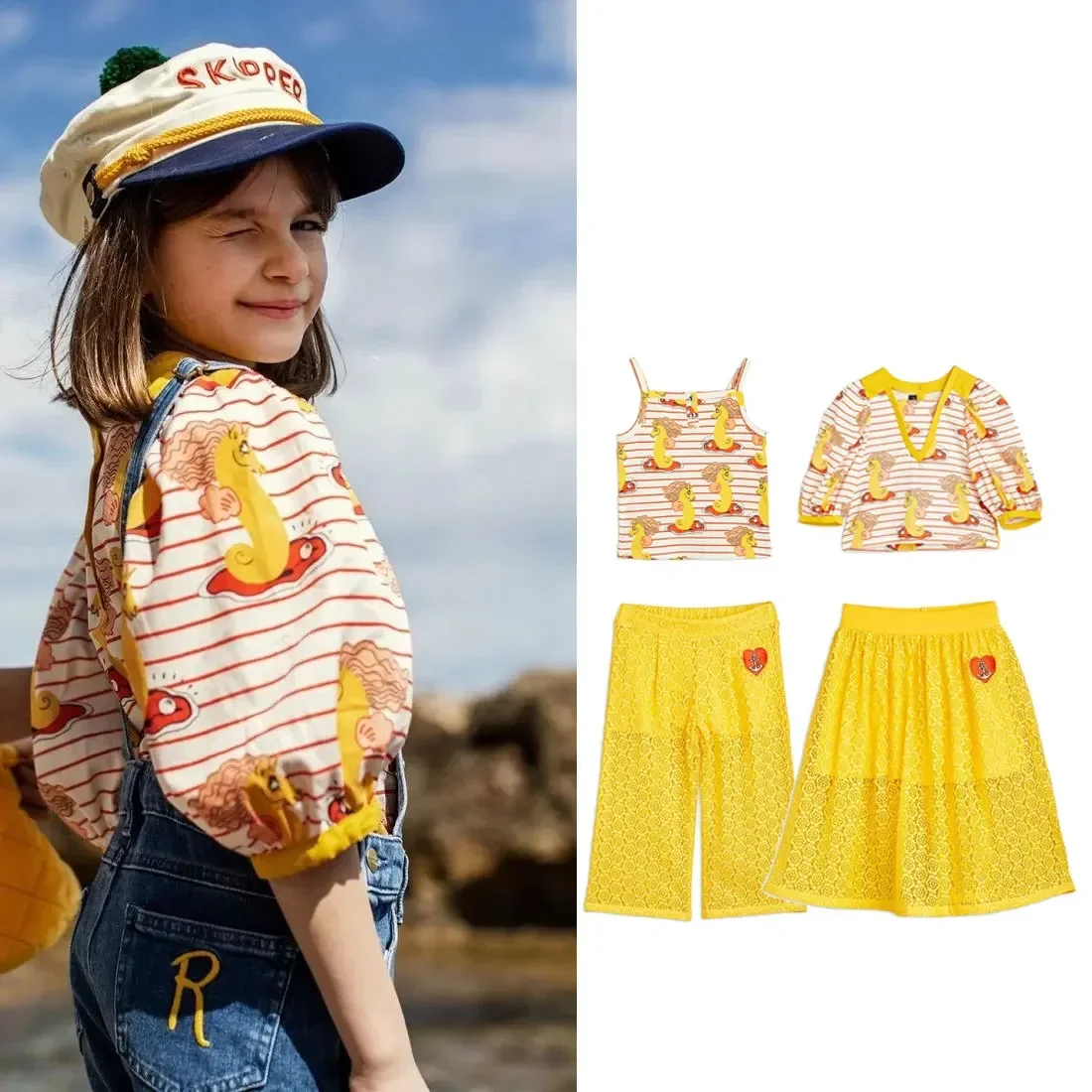 Ropa de verano para niñas, camiseta, falda, pantalones sueltos, Top Floral amarillo, 2023