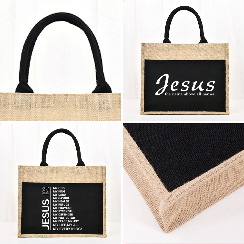 

Tote Bag Reusable Jute Shopping Bag Large Capacity Linen Grocery Bags Jesus Series Beach Vintage Imitation Sacks Handbags