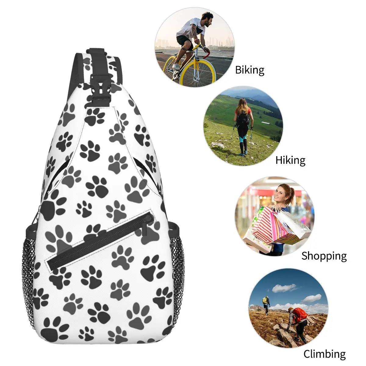 Cool Pet Dog Black Paw Pattern Chest Bag Men Sling Crossbody Backpack Chest Bag Travel Hiking Daypack Shoulder Bag