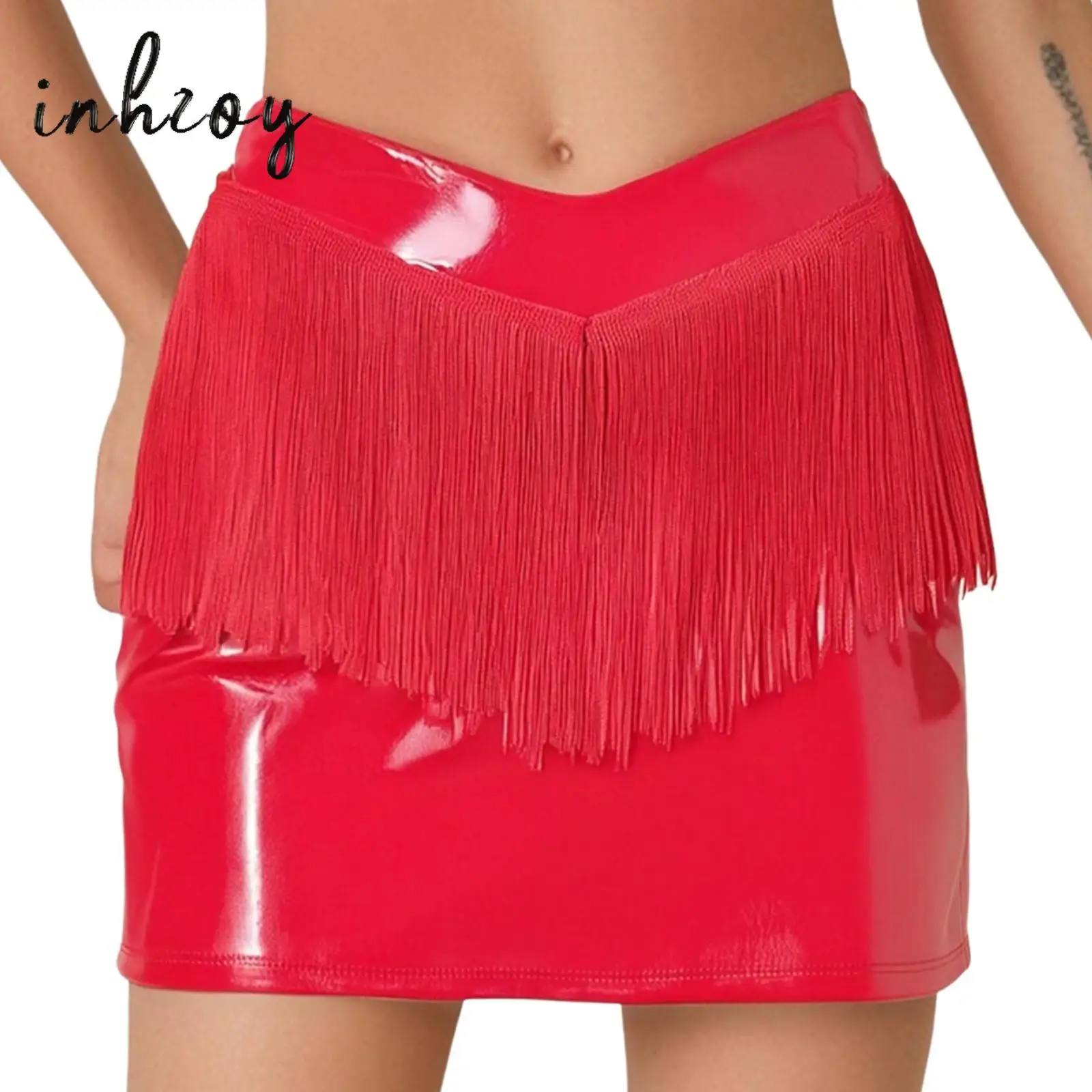 

Women Skirt Wet Look PU Patent Leather Fringed Skirts V-Front Side Zipper Miniskirt for Nightclub Dance Rave Party Clubwear