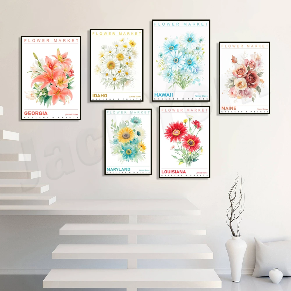 Idaho, Kansas, Maryland, Michigan, Missouri flowers watercolor flower market paint pastel floral poster summer gift neutral plan