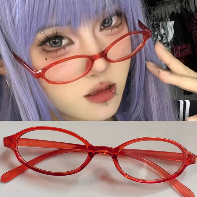 2pcs Y2K Women's Retro Oval Glasses Girls Red Green Frame Glass Eyewear Decorative Computer Anti-blue Eyeglasses Seaside Driving