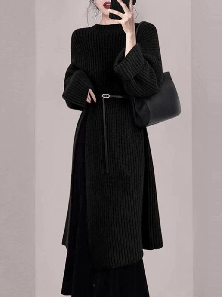 Women Elegant Red Knit Dress Autumn Winter Long Sleeve Midi Over Knee Casual Solid Warm Sweater Dress - view 4