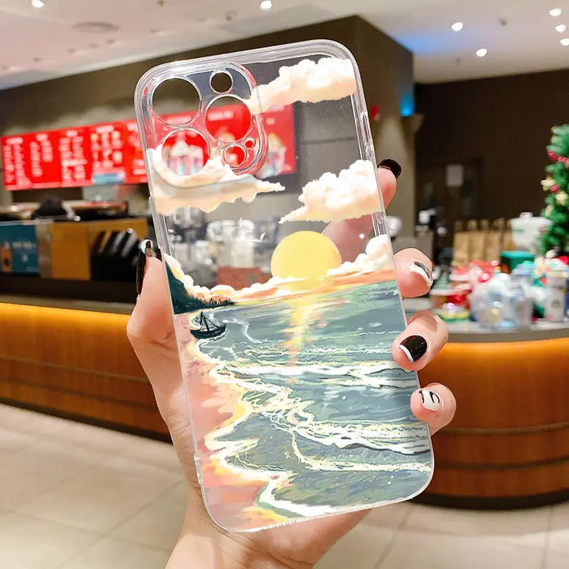 شفافة الجمالية شاطئ البحر الغروب مشهد جراب هاتف آيفون 16 15 14 13 12 11 بروماكس X XS XR 7 8 زائد جراب هاتف غطاء