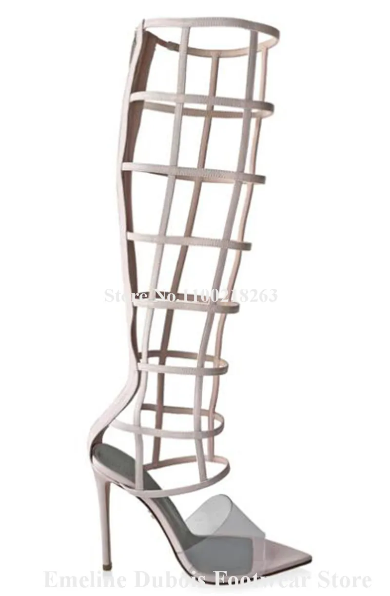 PVC Patchwork Gladiator Boots Emeline Dubois Pointed Open Toe Black Beige Straps Cross Caged Stiletto Heel Knee High Sandal Boot