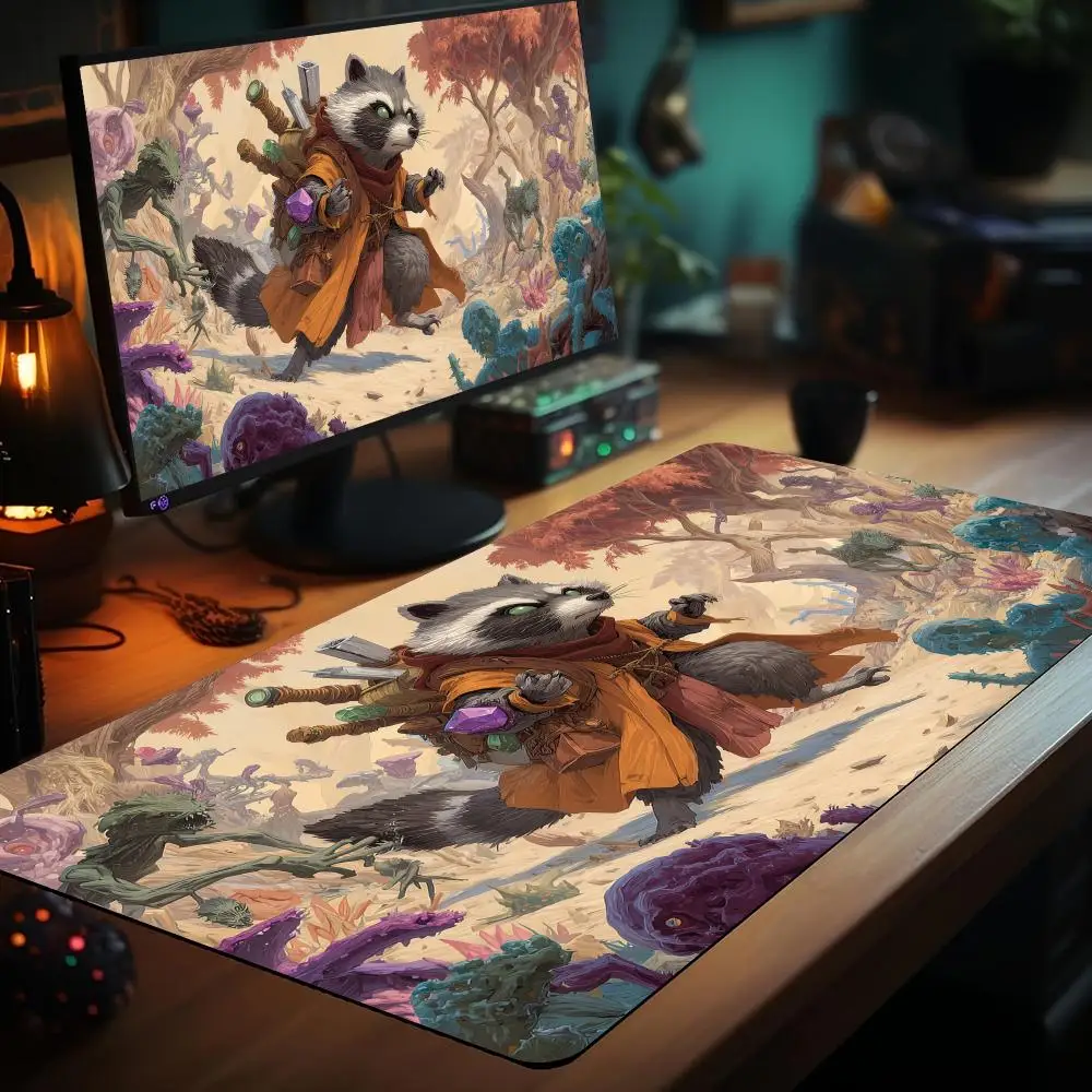 سجادة ألعاب المعركة من Desert Guardian Raccoon Warrior Magic Playmat مع سجادة مكتب لعب المنطقة MTG مناسبة لجمع الألعاب