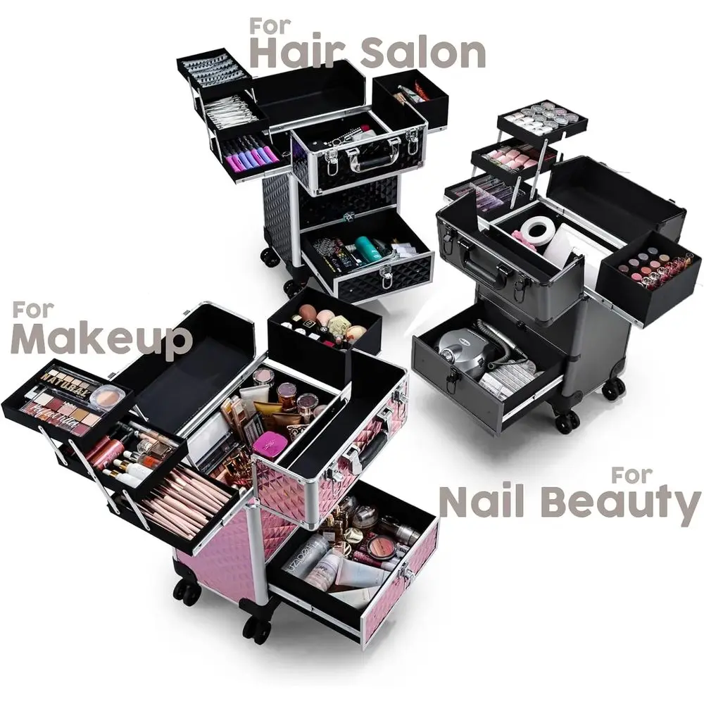 Rolling Makeup Case with 4 Trays, Travel Trolley Storage, Portable Cart for Cosmetologists, Nail Techs, and Hairstylists - Grey