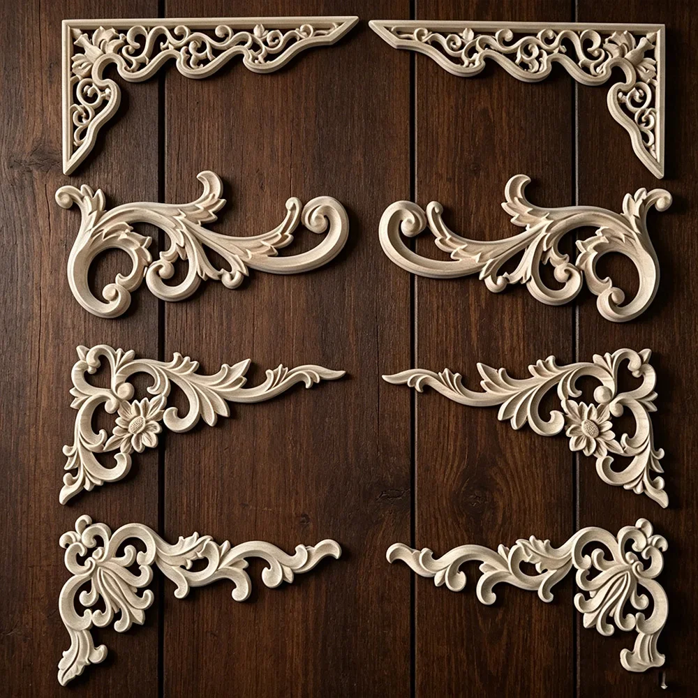 2PCS Carved Unpainted European Exquisite Floral Leaves Rubber Furniture Window Corner Wood Applique Onlay Wood Figurines