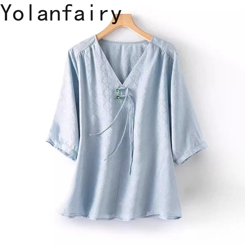 

YOLANFAIRY 100% Natural Mulberry Silk Blouses for Women Summer Fashion Jacquard Short Sleeve Shirt Woman Elegant Blouse Tops