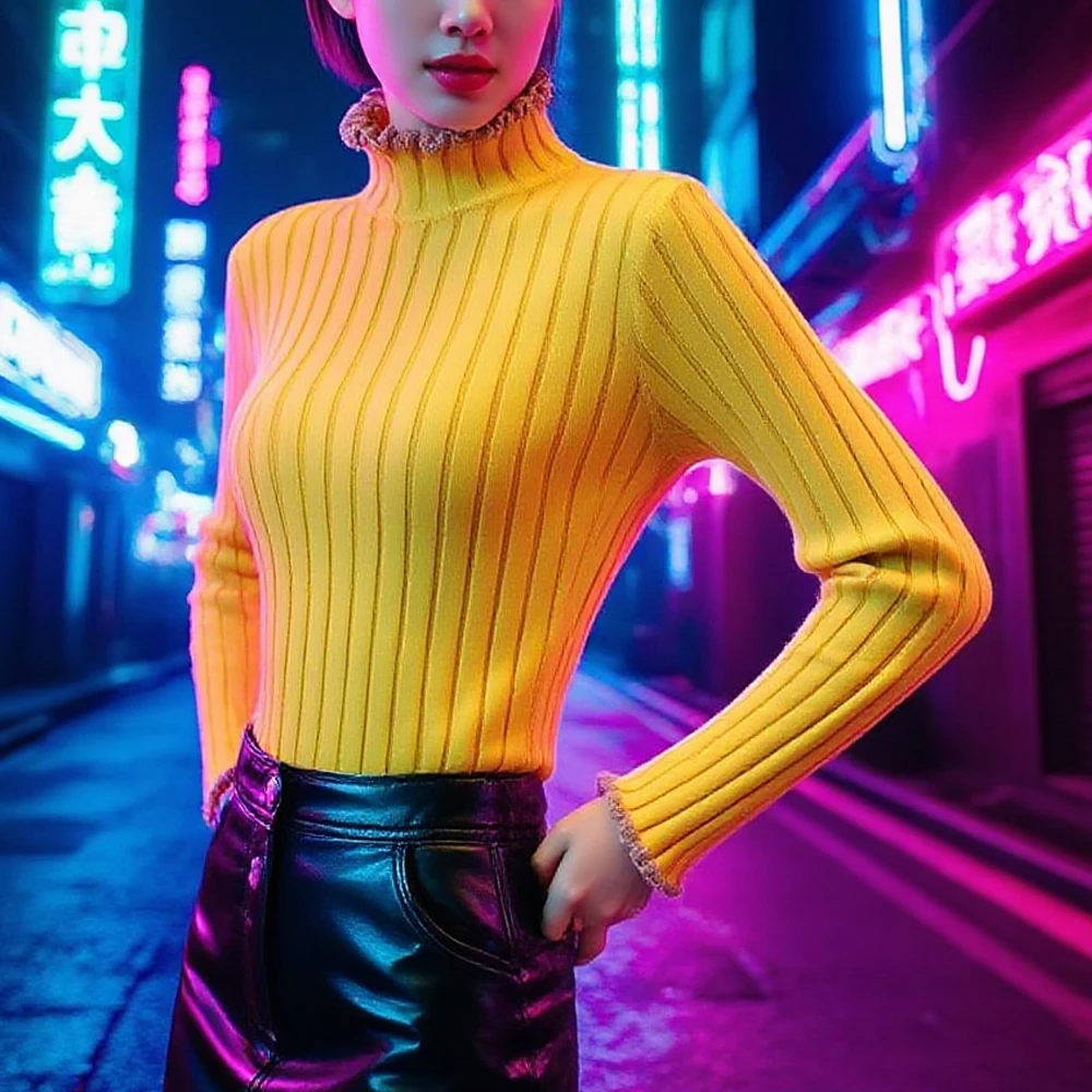 

Flower Turtleneck Full Sleeve Knit Pullovers Women Screw Slim Stretch Shirt Sweater Girl Black Green Top Clothes Female Blouses