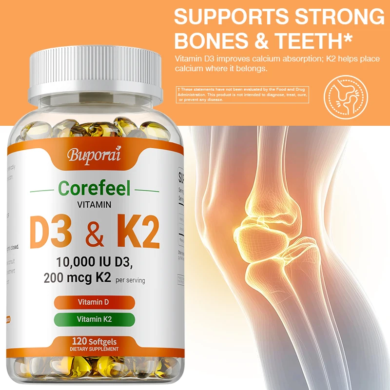 

Vitamin D3 K2 - Improve Sleep, Promotes Nutrient Absorption, Supports Teeth, Bones and Joint Health, Immune Support, Non-GMO