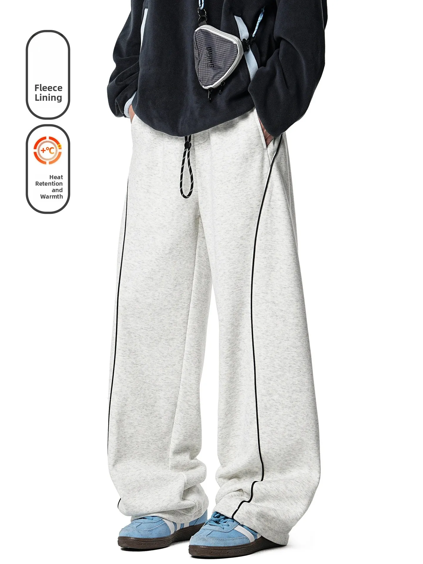 

Trendy Brand Winter Fce Lined Thiened Drapey Sweatpants Men's Vintage Loose Warm Versatile Casual Long Trousers