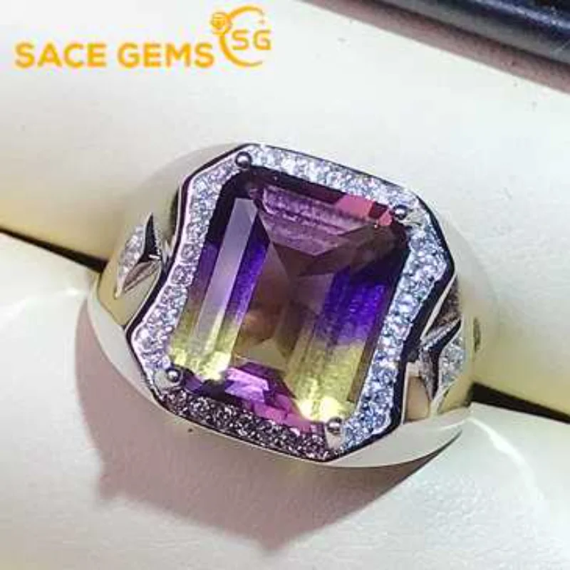 SACE GEMS Fashion Resizable 10*14MM Natual Ametrine Rings for Man  925 Sterling Silver Wedding Party Fine Jewelry Festival Gift