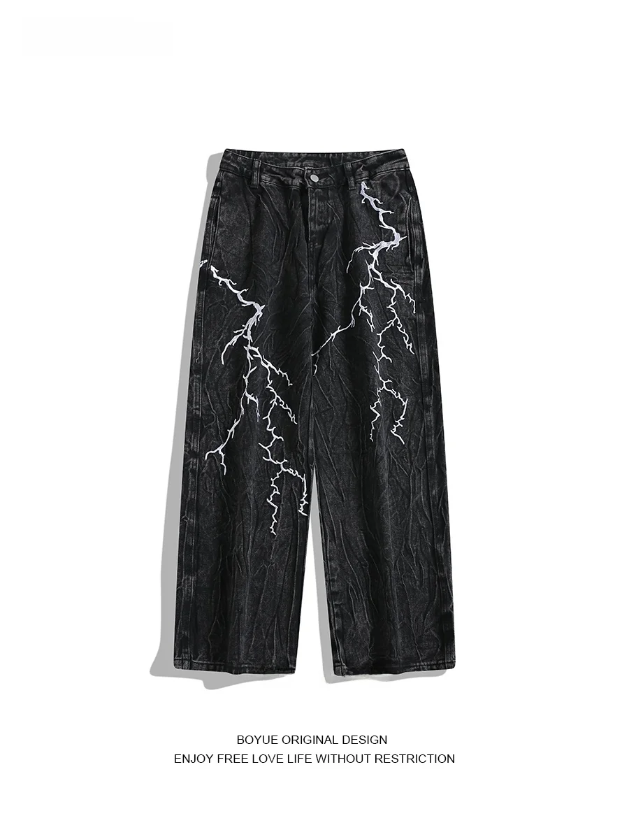 

Boyue American Sle Lightning Embroidery Jeans Men's Street Faion Hip Hop Slim Straight Leg Jeans Casual Loose Fit Jeans