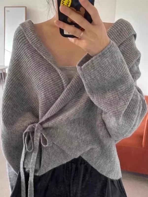 

Chic Autumn Winter Vintage Cross V-Neck Hooded Belted Loose Versatile Knitted Sweater Coat Women's Fashion Korean Style Long ...