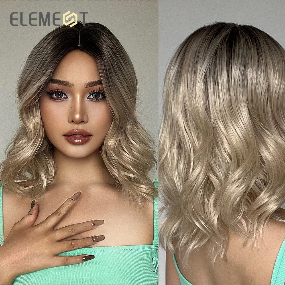 

Element Synthetic Wig Medium Short Wave Ombre Black to Blonde Wigs for Women Party Daily Heat Resistant Hair Fshion Cool Girl