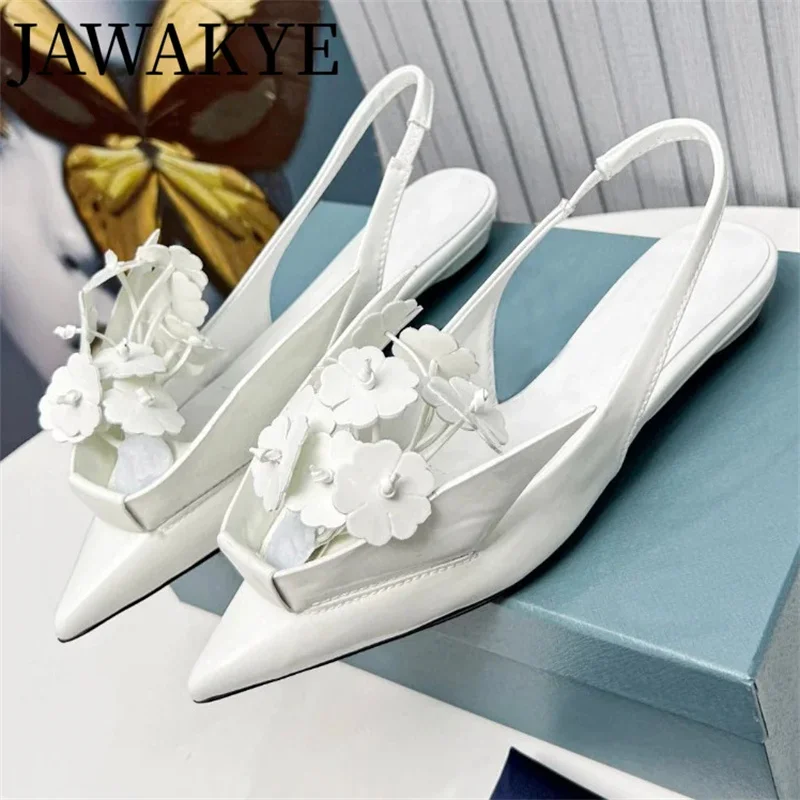 Summer Flowers Flat Heels Sandals Women Real Leather Pointy toe Fashion Shallow Mouth Mules Shoes Luxury Dress Party Shoes Woman