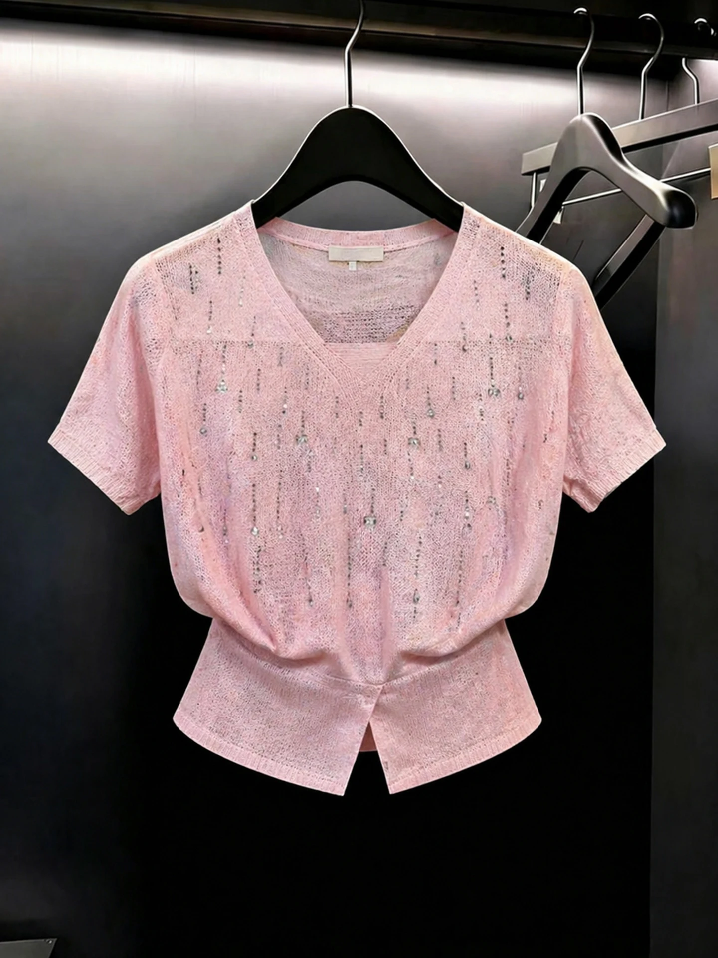 

Korean Style Sweet Soft Knitted Sweater Summer Comfortable Waist-Cinching Short Sleeve Overhead Top Women's Fashion Silk Blouse