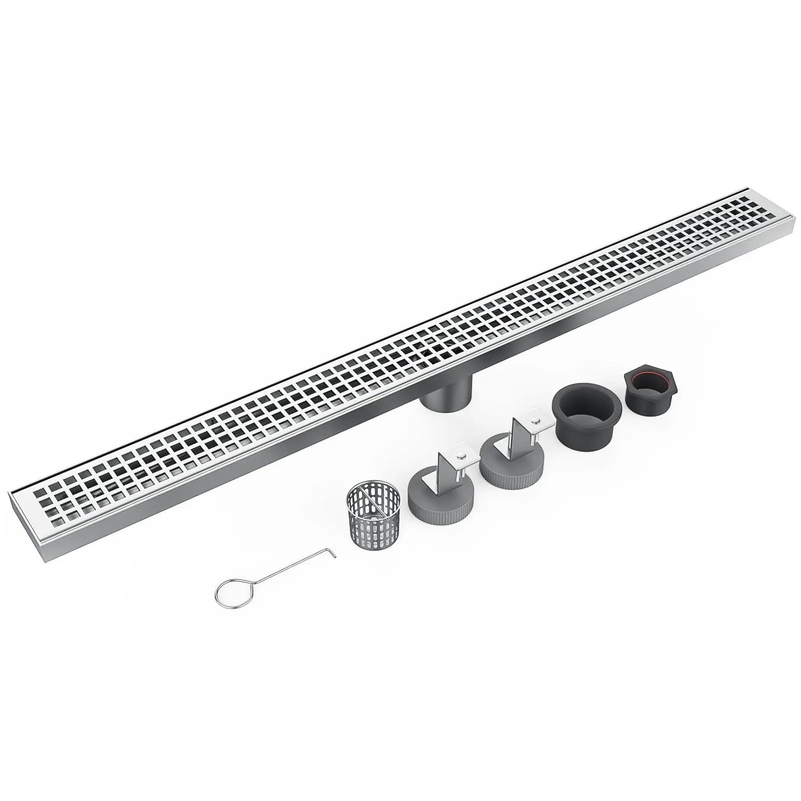 

32 Inch Linear Shower Drain Brushed Nickel Shower Floor Drain High Flow Shower Drain Kit with Removable Grid Cover Hair Filter