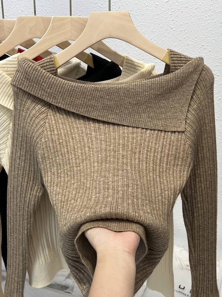 One Neck Jumper Women\'s Pullover Knitted Bottoming Shirt Autumn and Winter New French Jumper Inside Chic Pullover Tops