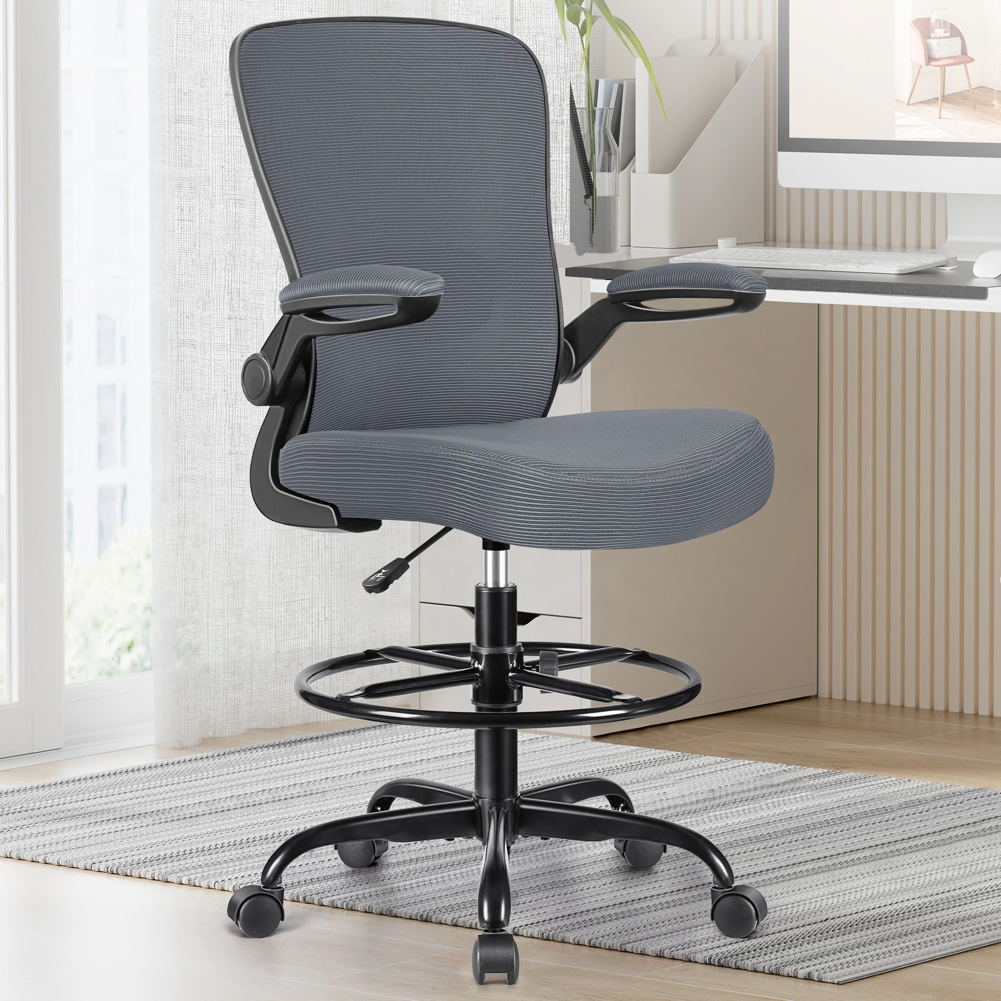 KERDOM Drafting Chair Tall Office Chair, Flip-up Armrests Executive Ergonomic Computer Standing Desk Chair, Adjustable Height and Comfortable Lumbar Support, DarkGray