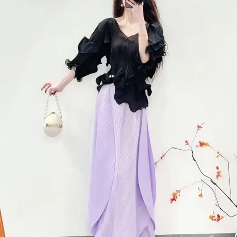 Miyake Pleated 2026 Spring New High-End Design Sense Ruffled Top Elegant Bud Skirt Loose Solid Color Fashion Suit for Women
