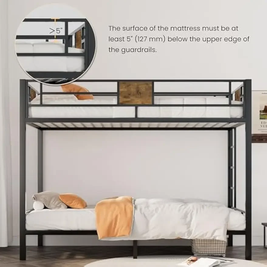 Bunk Bed Twin Over Twin Size with Ladder and Full-Length Guardrail, Metal, Storage Space, No Box Spring Needed, Noise