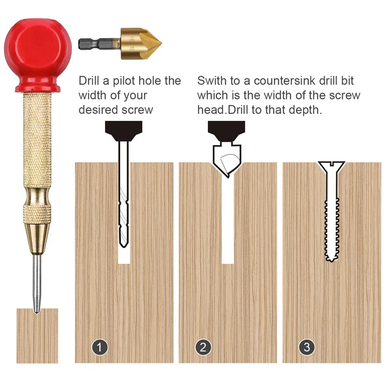 Bộ 6 Lục Giác Tay Cầm 5 Lưỡi Dao Vát Cạnh Titan Gỗ Mũi Khoan Countersunk Khoan Countersunk Đánh Chìm Hạt Với 1 cent